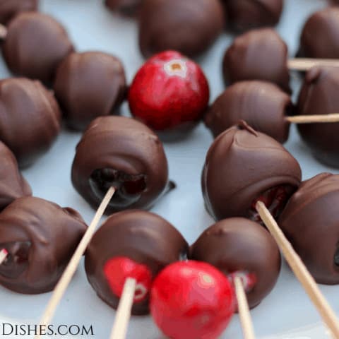 chocolate covered cranberries plated on white plate with toothpicks and plain cranberries