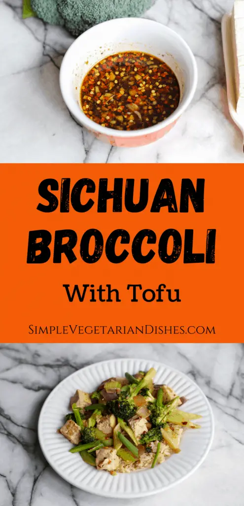 Sichuan broccoli pinnable graphic with bowl of Szechuan sauce