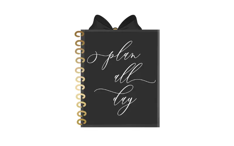 graphic of black planner with gold spiral binding