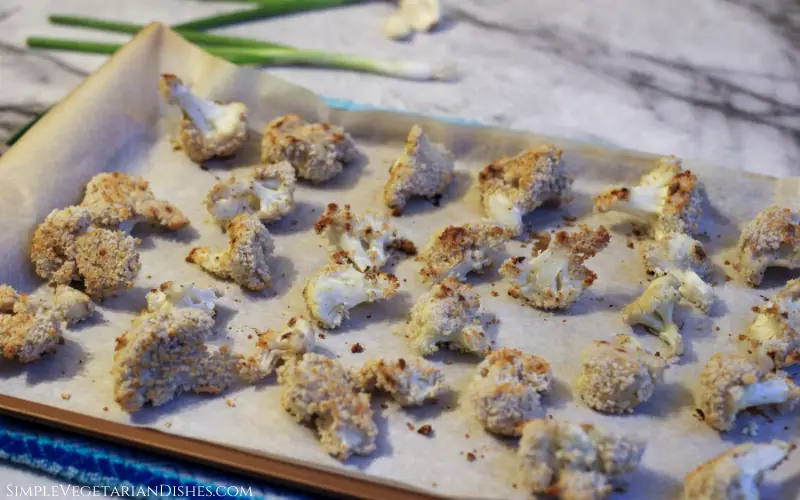 baking sheet of cauliflower wings before teriyaki sauce is added
