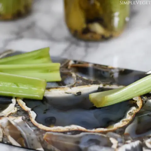 four fermented celery sticks served on gray agate cheese board