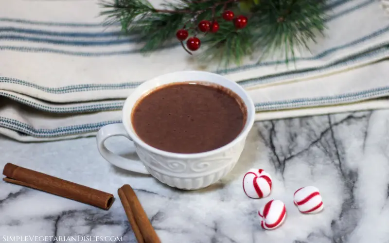 protein hot chocolate in white cup with cinnamon sticks and peppermint candies