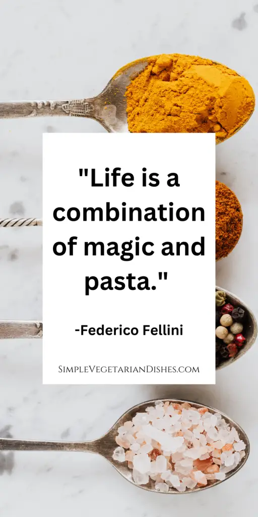 inspirational cooking quotes one by Federico Fellini with four silver spoons full of different spices in background salt pepper