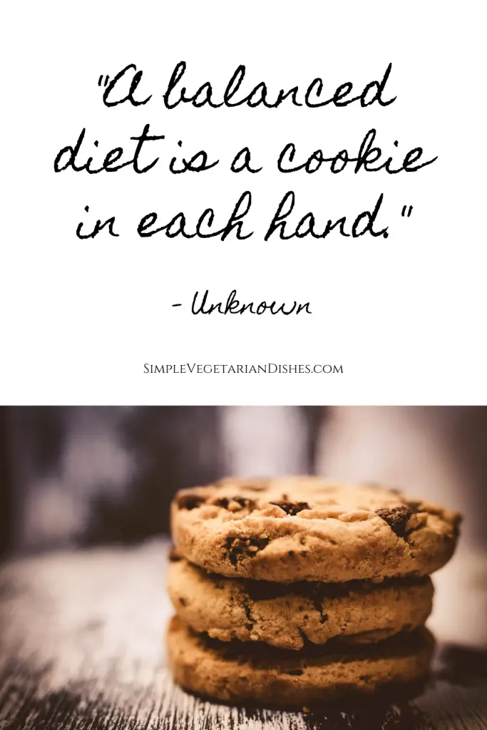 unattributed funny quote with stack of three chocolate chip cookies on wooden board