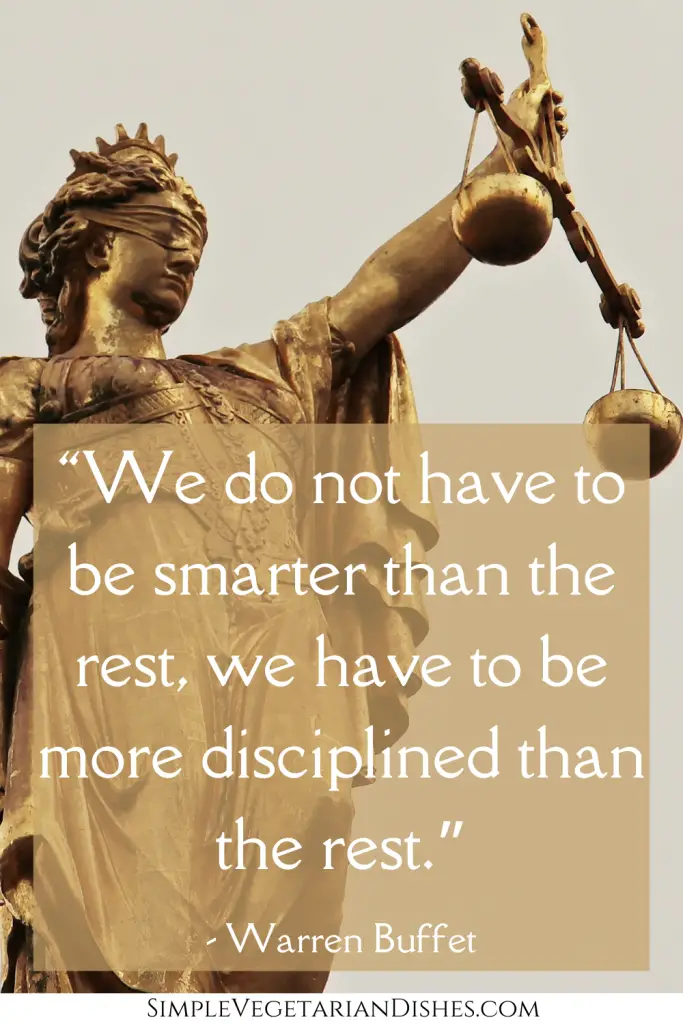 quotes on self-control and discipline warren buffet quote with lady justice statue in background blindfolded woman with scales