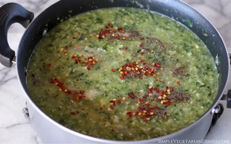vegan spicy zucchini soup in dutch oven